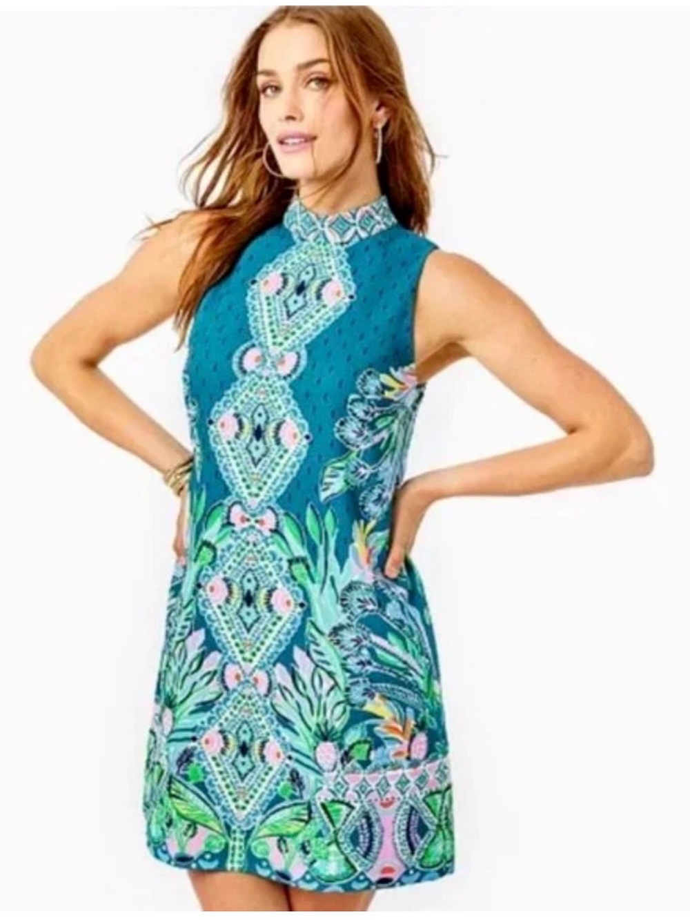 Lilly Pulitzer Shift Dress Womens 14 Teal Mermaid In The Shade Mock Neck Mini